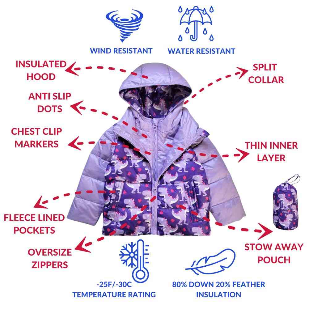 Onekid Car Seat Coat | The Road Coat Down - Purple Raptor Print - Image 3
